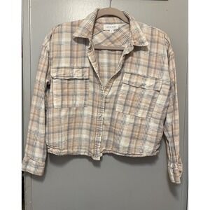 Hippie Rose Beige Plaid Long Sleeve Flannel Cropped Shirt Size Small Women's